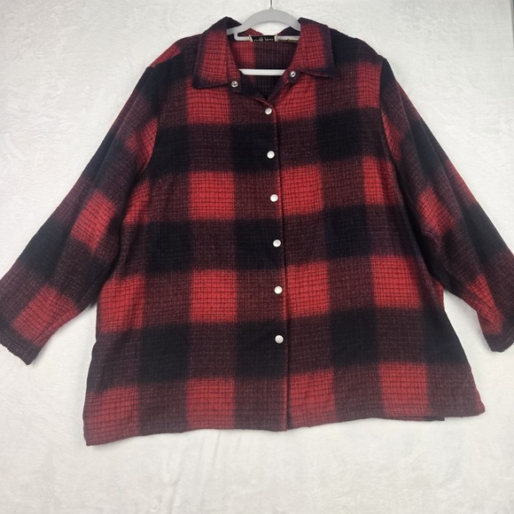 Lemon Grass Jackets & Blazers - Lemon Grass Women's Red‎ Black Plaid Shacket Size 22W Snaps Wool